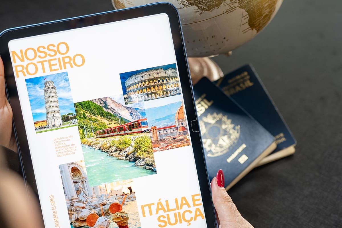 A traveler planning a multi-country trip using a globe, tablet, and passports laid out on a desk